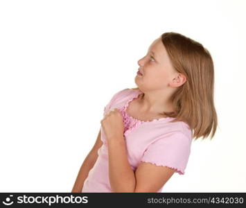 young girl looking unsure about copy space isolated on white