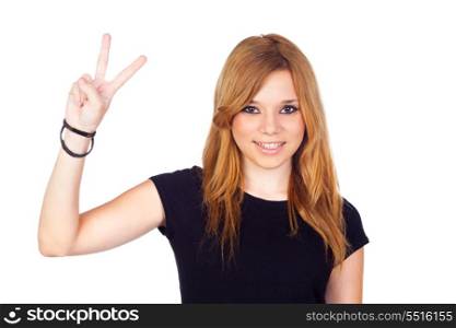 Young Girl Making a Victory Sign with Her Hands Isolated on White