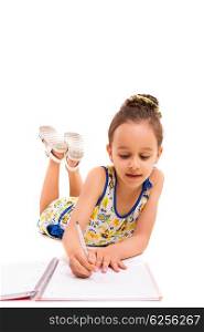 Young girl making some draws - isolated over white