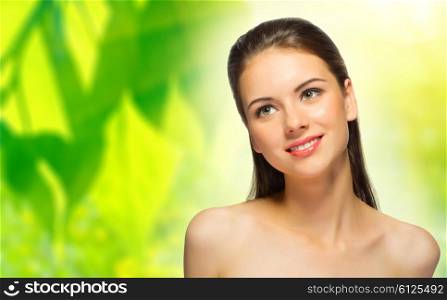 Young girl on spring floral background
