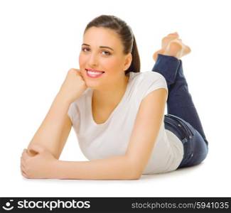 Young girl on the floor isolated