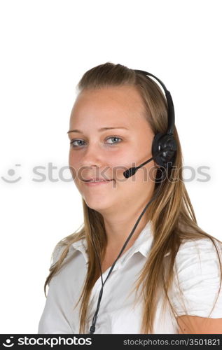 Young girl Operator call center isolated on white