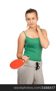 young girl plays ping-pong isolated on white