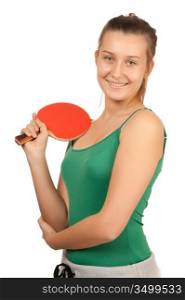 young girl plays ping-pong isolated on white