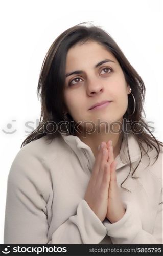young girl praying in a white background
