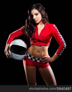 Young girl racer with helmet isolated