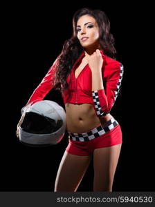 Young girl racer with helmet isolated