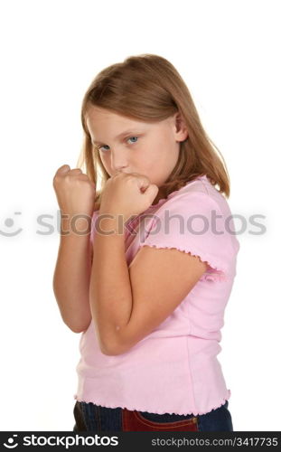 young girl raised fists and fighting isolated on white