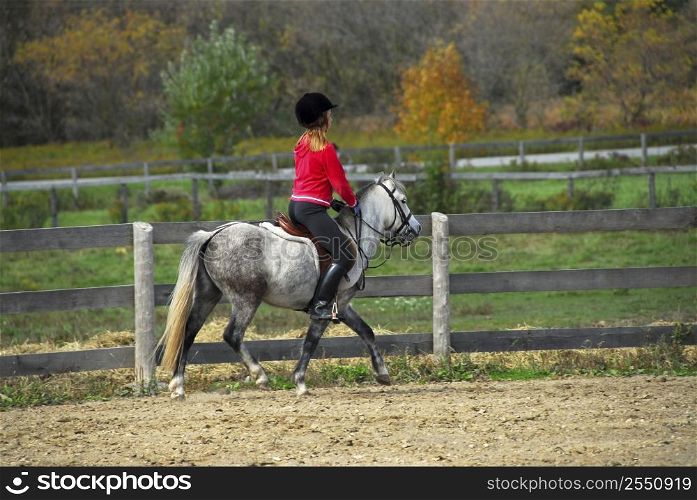 Young girl riding a white pony at countryside