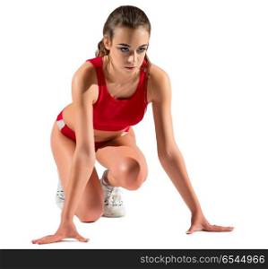 Young girl runner isolated on white. Young girl runner isolated