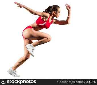 Young girl runner isolated on white. Young girl runner isolated