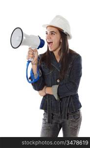 Young girl shouting with megaphone over white background