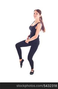 Young girl shows dance, fitness, exercise isolated