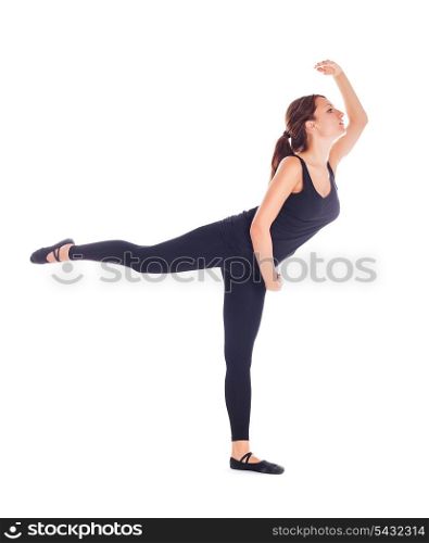 Young girl shows dance or fitness or exercise isolated on white
