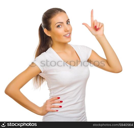 Young girl shows pointing gesture isolated