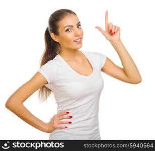 Young girl shows pointing gesture isolated
