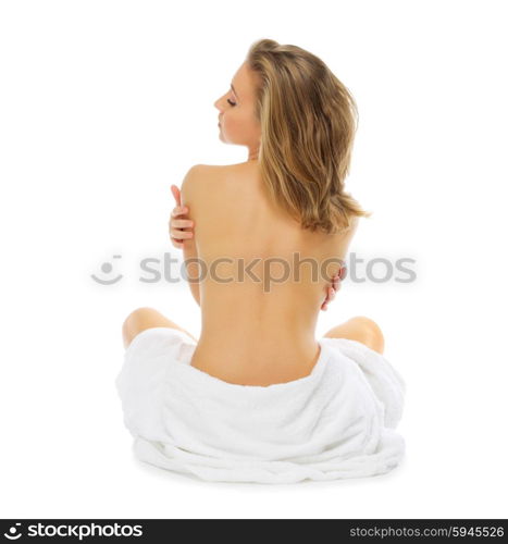 Young girl sit on the floor isolated