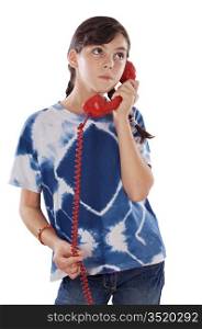 Young girl speaking on the telephone a over white background