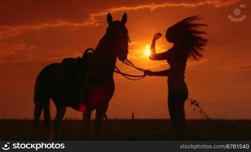 Young girl stroking her horse at sunset