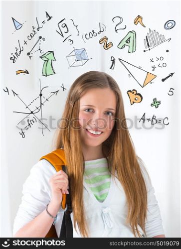 Young girl student at school with math symbols overhead. Education concept