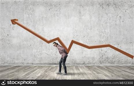 Young girl student carrying increasing graph on back. Growth and progress concept