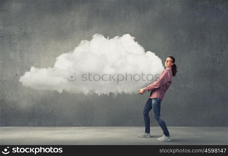 Young girl student carrying white huge cloud. Girl carry cloud