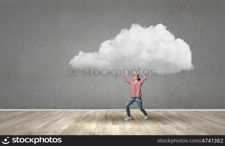 Young girl student carrying white huge cloud. Girl carry cloud