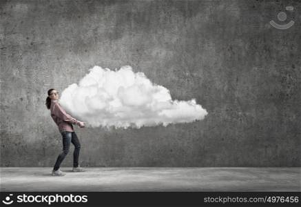 Young girl student carrying white huge cloud. Girl carry cloud