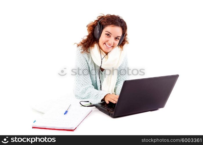 Young girl studying - isolated over white background