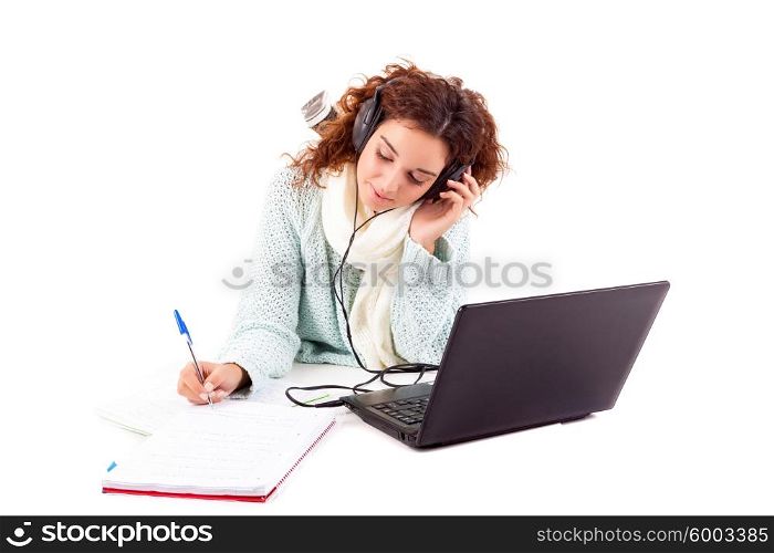 Young girl studying - isolated over white background