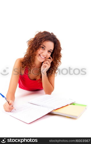 Young girl studying - isolated over white background