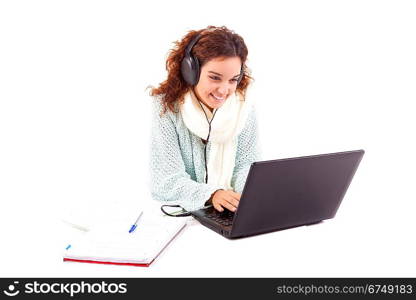 Young girl studying - isolated over white background