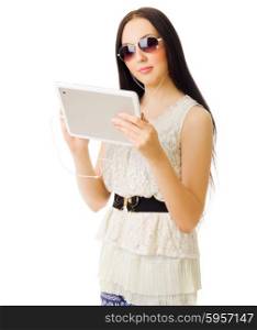 Young girl talks by tablet PC isolated