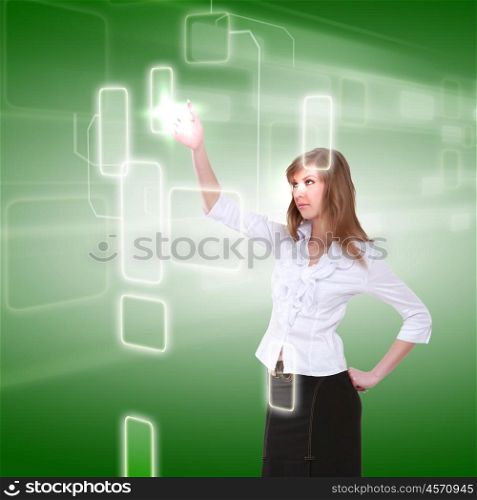 young girl touching a virtual surface. Illustration