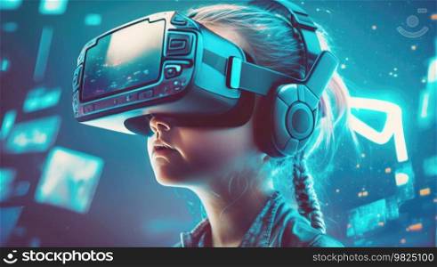 Young girl wearing a virtual reality  VR  headset, fully immersed in a futuristic environment bathed in a blue ambient lighting. Her eyes are closed, and she has a serene expression on her face as if she is lost in a dream world. The girl’s headset is connected to a machine behind her, which is emitting a blue light, suggesting that she is in a futuristic lab or simulation room. The blue ambient lighting adds to the futuristic and surreal atmosphere, giving the impression of a high-tech, sci-fi environment. The photo captures the essence of virtual reality and its ability to transport individuals to new, otherworldly experiences. AI generative illustration