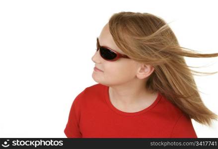 young girl wearing dark sunglasses on white