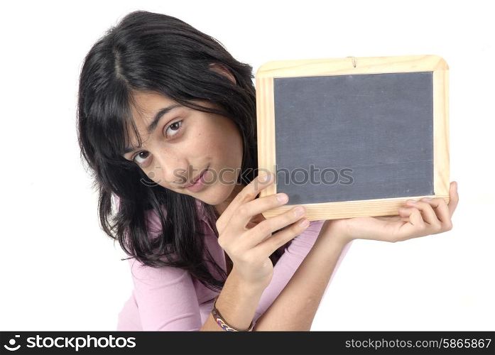 young girl with a blackboard in a white background