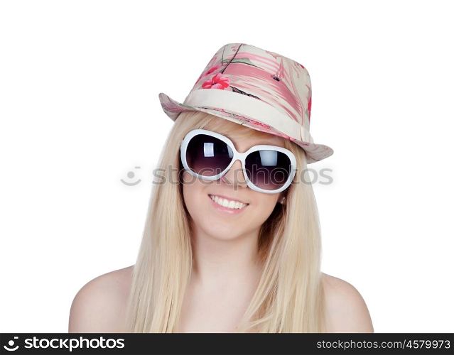 Young girl with a cap and sunglasses isolated on a over white background