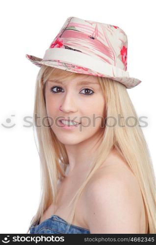 Young girl with a cap isolated on a over white background
