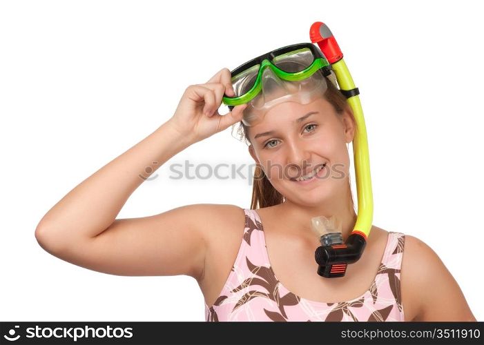 young girl with a mask for diving isolated on white