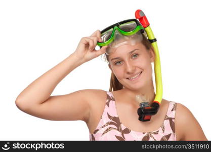 young girl with a mask for diving isolated on white