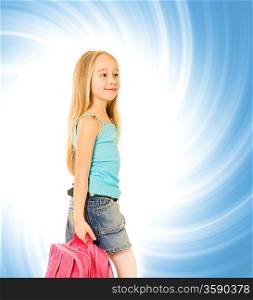 Young girl with a pink backpack over abstact blue background