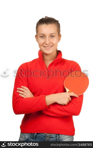 young girl with a racket ping-pong isolated on white