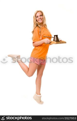 young girl with a spacing for coffee