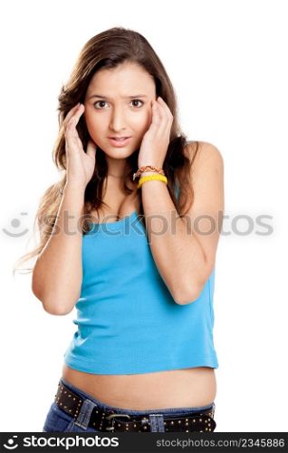 Young girl with a worried expression isolated on white