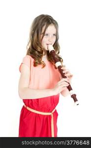 young girl with alto recorder and white background