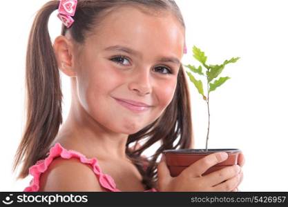 Young girl with an oak sapling