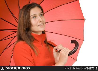 young girl with an umbrella isolated on white