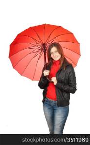 young girl with an umbrella isolated on white