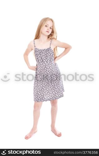 young girl with arrogant attitude in studio against white background